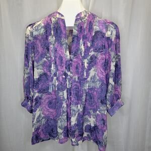 Joie Silk Sheer Purple Pink Floral Split Neck Popover, XS